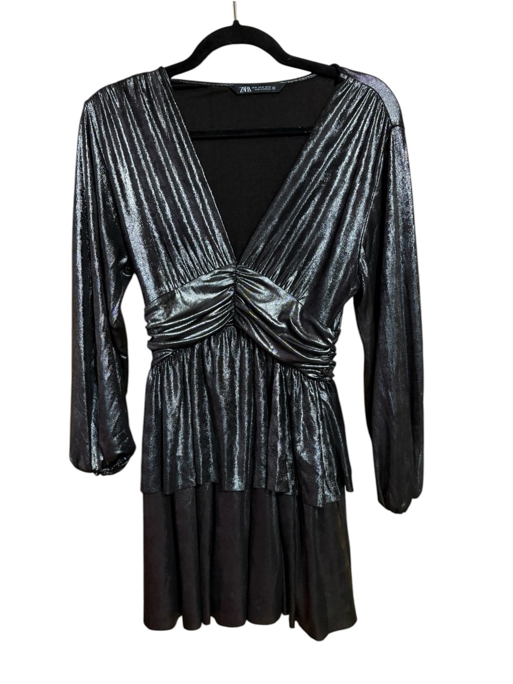 Zara Metallic Silver Black Plunge Neck Long Sleeve Ruched Mini Dress Size XS